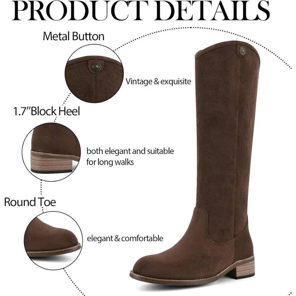 Women's Dark Brown Round Toe Chunky Heel Faux Suede Tall Knee High Boots Rubber